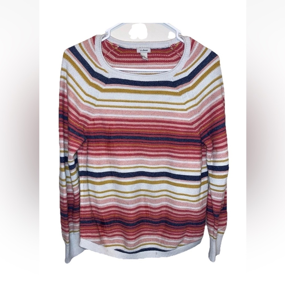 L.L. Bean Womens Colorful Red Striped Textured Knit Sweater Size S Petite EUC